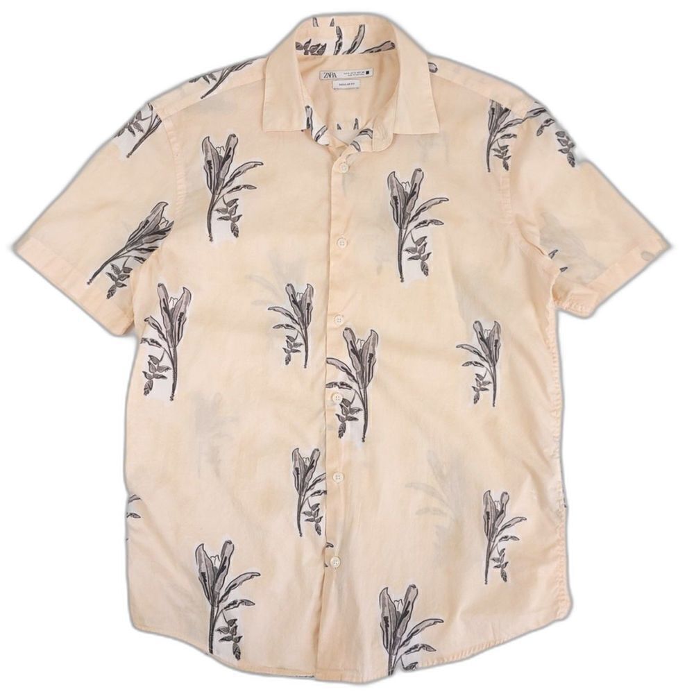 ZARA Regular Fit Short Sleeve Button Down Hawaiian Shirt Cream Floral Men Medium